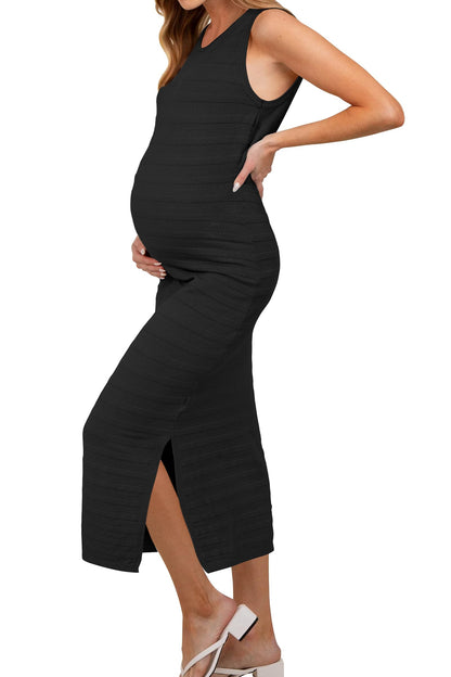 OUGES Women's 2025 Summer Maternity Dress Knit Sleeveless Crewneck Midi Dress Side Slit Striped Bodycon Sweater Dress