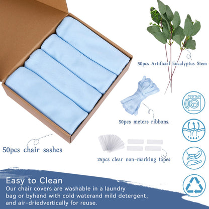 QueenDream Light Blue Sashes Chair Aisle Decorations: 24 Pack Baby Shower Chair Cover 8FT Long Tulle Draping Fabric Wedding Reception Church