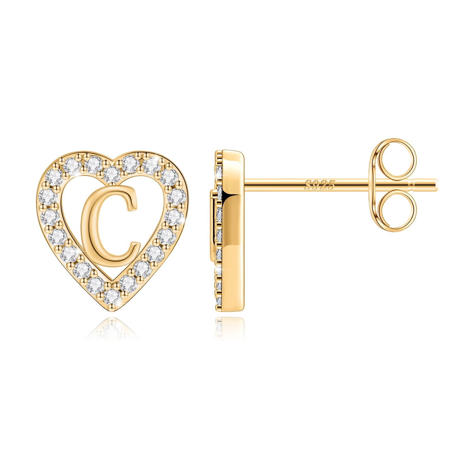 Anoup Heart Initial Stud Earrings - Gifts for Girls, Sterling Silver Post 14K Gold Plated All Over Hypoallergenic | CZ Simulated Diamond Stud Earrings | Birthday Gifts for Kids Toddlers Daughter