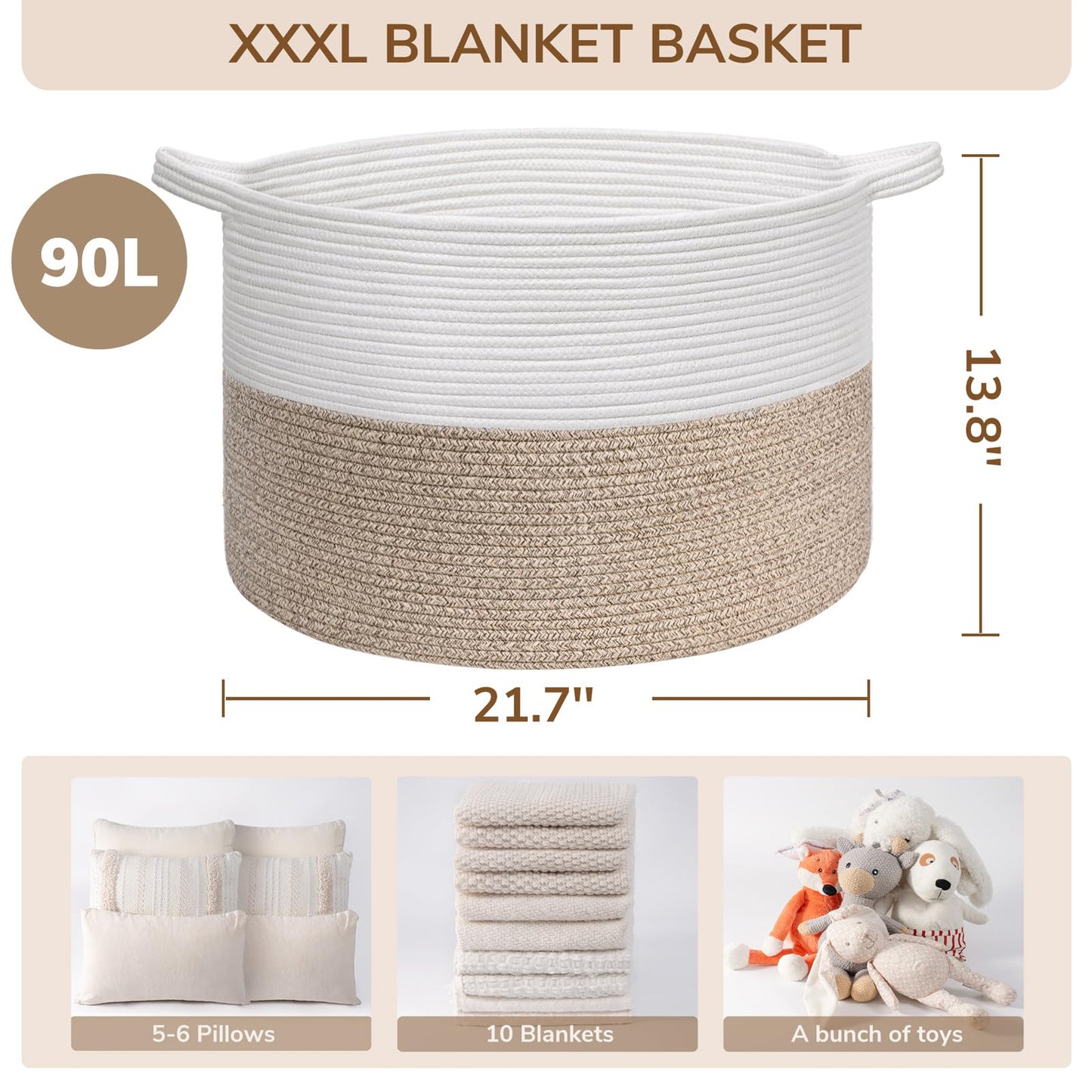 INDRESSME XXXLarge Cotton Rope Basket 21.7" x 21.7" x 13.8" Woven Baby Laundry Blanket Basket Toy Baskets with Handle Storage Comforter Cushions Thread Laundry Hamper