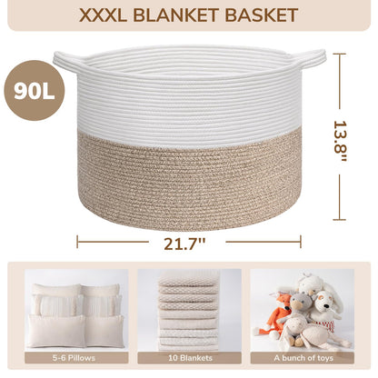 INDRESSME XXXLarge Cotton Rope Basket 21.7" x 21.7" x 13.8" Woven Baby Laundry Blanket Basket Toy Baskets with Handle Storage Comforter Cushions Thread Laundry Hamper