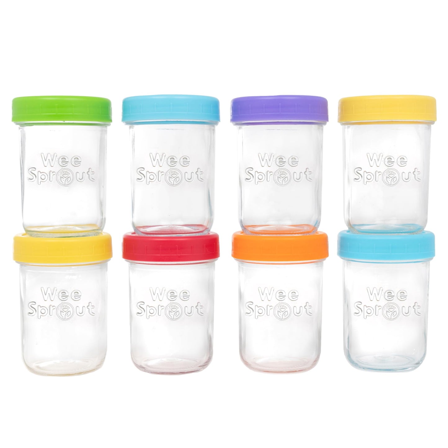 WeeSprout Glass Baby Food Storage Jars w/Lids (8 oz, 8 Pack Set) Snack, Puree, Reusable Small Containers, Breast Milk, Fridge or Freezer, Microwave & Dishwasher Safe, Essential Must Have for Infants