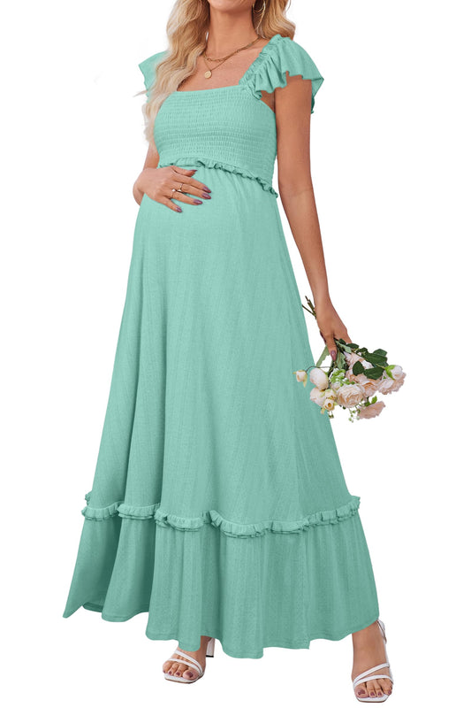 OUGES Womens 2025 Summer Maternity Photoshoot Dress Boho Maxi Smocked Baby Shower Dress Ruffle Sleeve Maternity Clothes