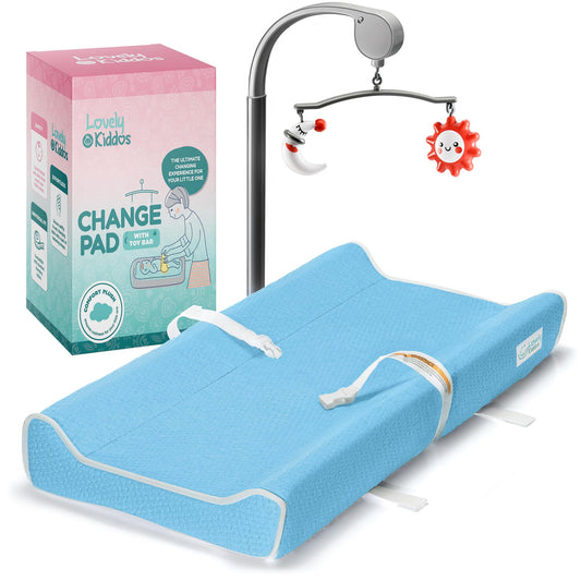 Changing Pad - Foam Contoured Baby Changing Pad for Dresser, Washable Soft & Removable Non-Slip Outer Cover + Inner Waterproof Lining, Bonus Portable Toy Bar with Music Mode Included