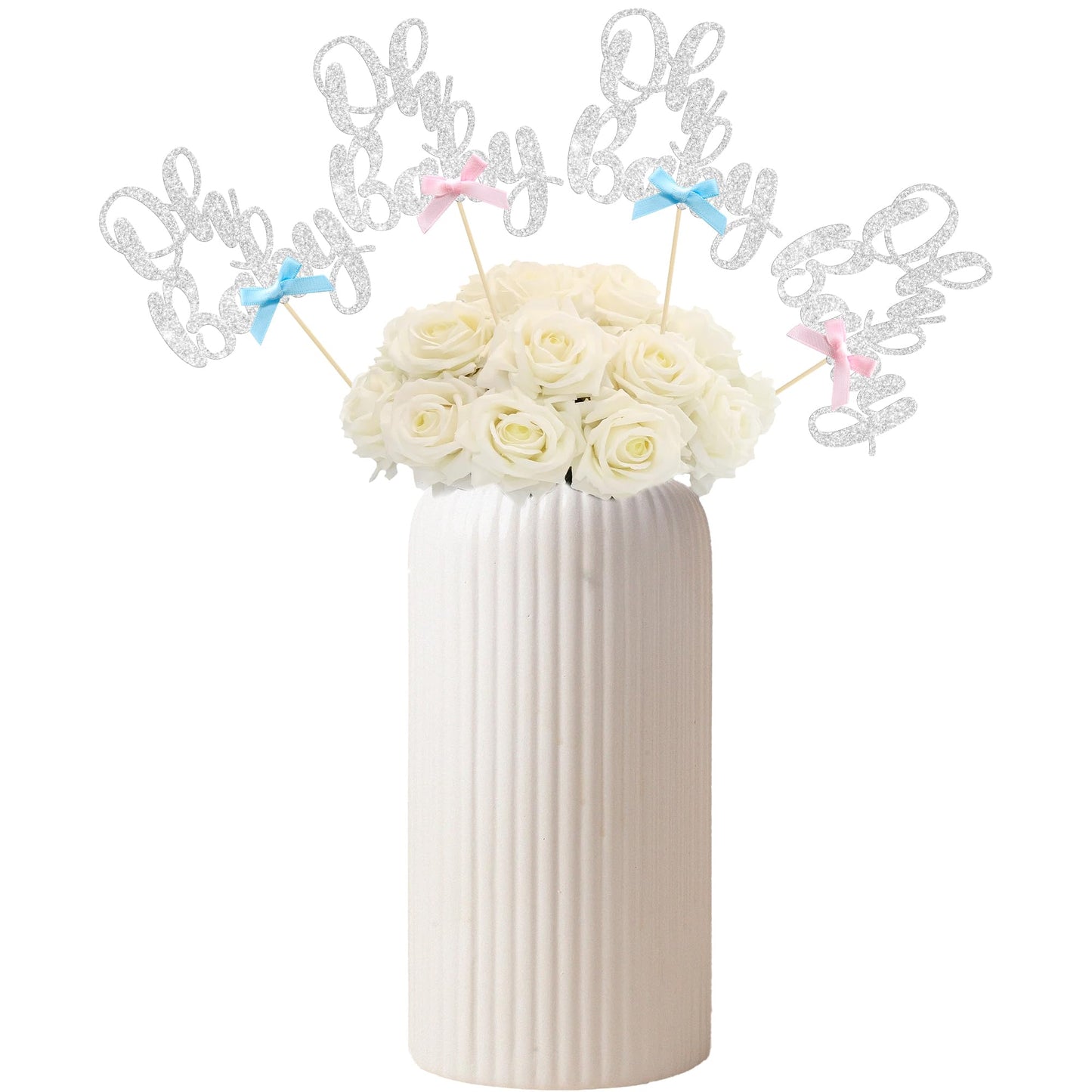 Gyufise 12Pcs Oh Baby Centerpiece Sticks Double Sided Blue Pink Bow Glitter Baby Shower Cupcake Picks Gender Reveal Table Flower Centerpieces for Baby Shower Birthday Party Supplies Gold