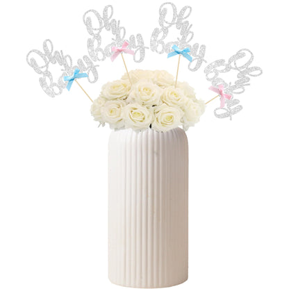 Gyufise 12Pcs Oh Baby Centerpiece Sticks Double Sided Blue Pink Bow Glitter Baby Shower Cupcake Picks Gender Reveal Table Flower Centerpieces for Baby Shower Birthday Party Supplies Gold