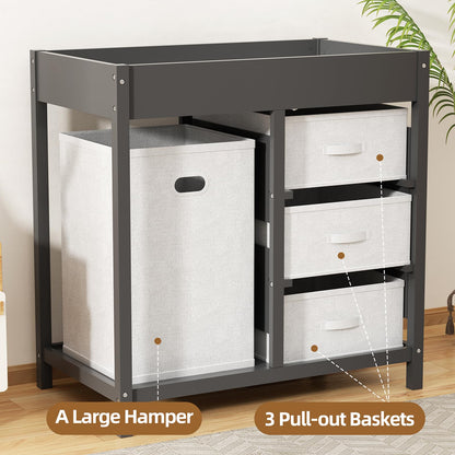 KORIMEFA Baby Changing Table, Baby Diaper Changing Station Dresser with Laundry Hamper, 3 Drawer Basket and Changing Pad, Grey