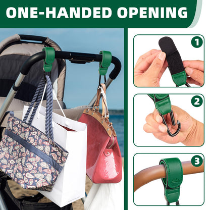 Baby Stroller Hooks Bag Hooks for Hanging Diaper Bags Multipurpose Hooks for Grocery Shopping Bags Premium Vegan Leather Pram Straps 2 Pcs (Green)