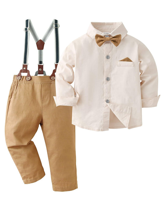CARETOO Toddler Boy Clothes Suit Gentleman Wedding Outfits Kids Formal Dress Shirt Bowtie Long Suspender Pants Overalls 1-5T