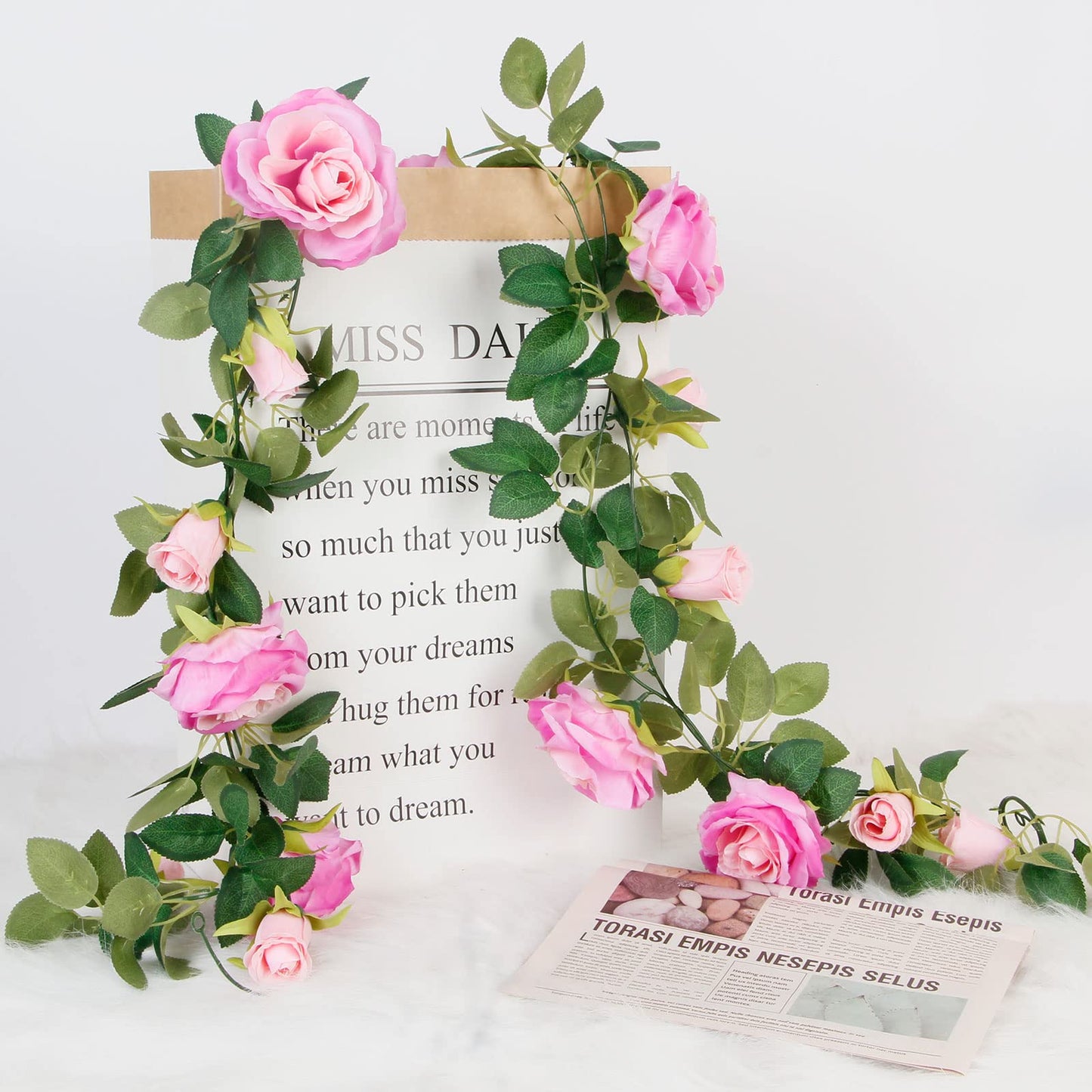 TELDRASSIL 4Pcs(26 FT) Artificial Rose Vine Fake Flower Garland Fake Silk Rose Hanging Vine for Wedding Party Background Arch Garden Background Decoration (Pink)