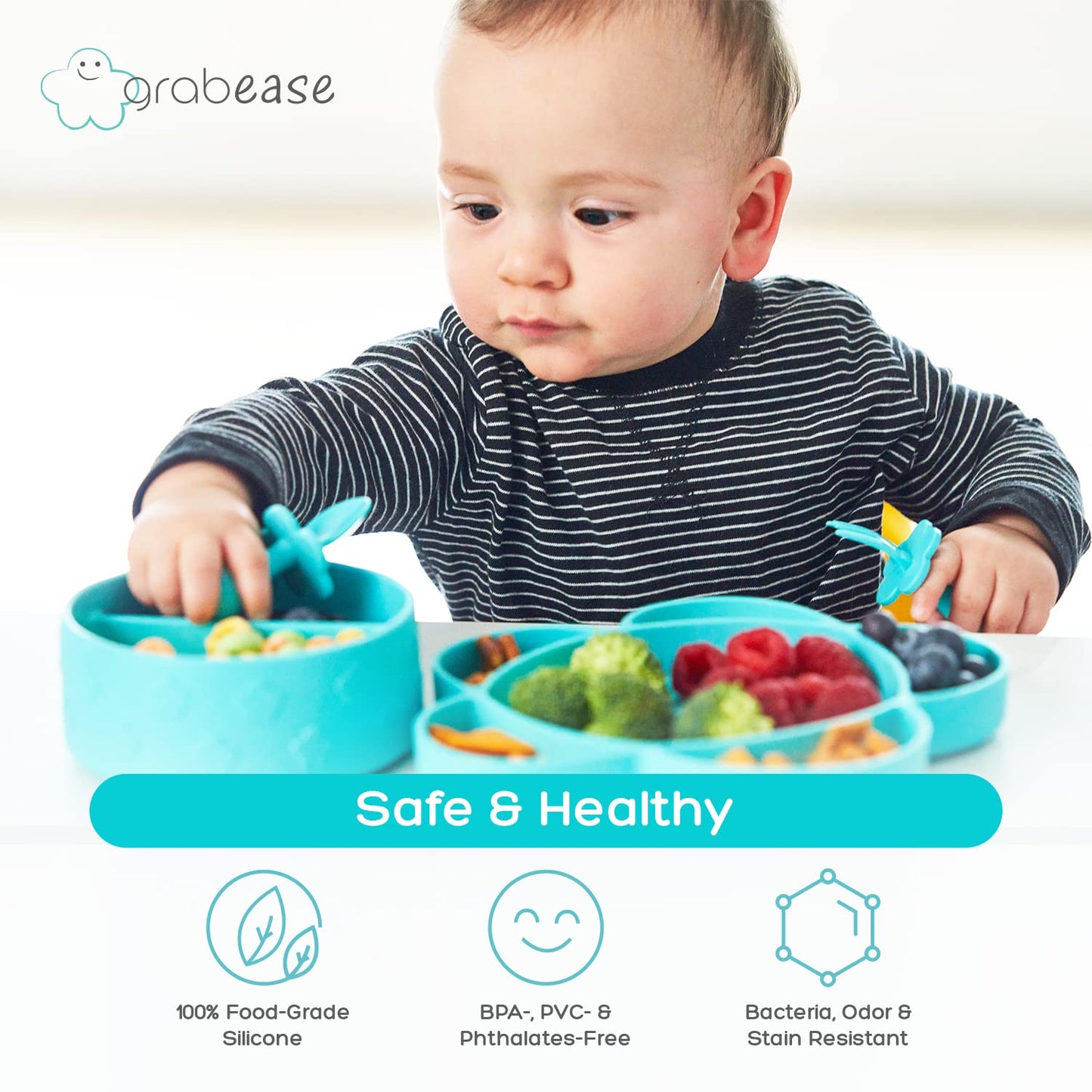 grabease Baby Essentials Must-Haves - Complete Feeding Set for Baby-Led Weaning and Portion Control - Suction Bottoms 4 Piece Set, BPA and Phthalates-Free, Blush
