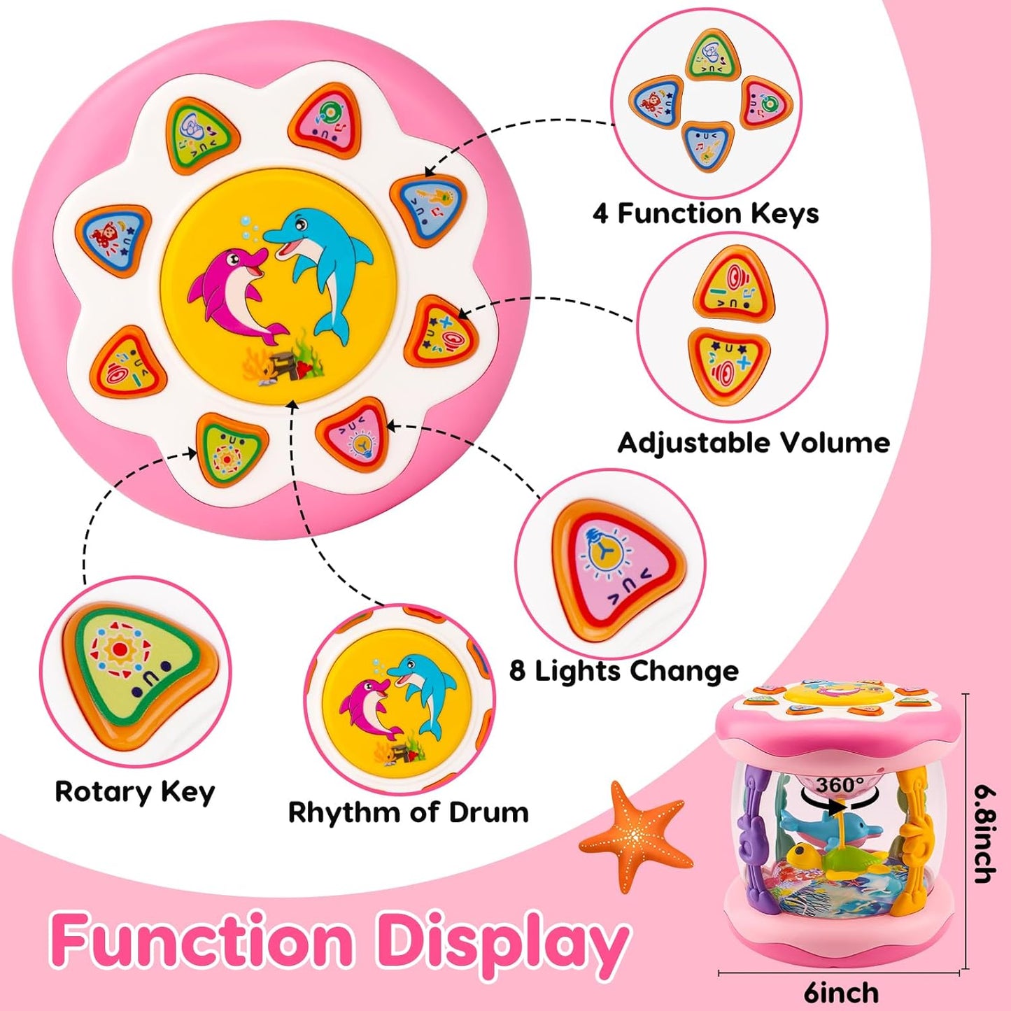 Baby Musical Light Up Toys 0-6 Months Tummy Time Ocean Projector Rotating Infant 0-3 3-6 7 8 9 Months Learning Crawling Pink Toys Babies 6-12 Month Girls 1 2 3 Year Old Birthday Newborn Gifts