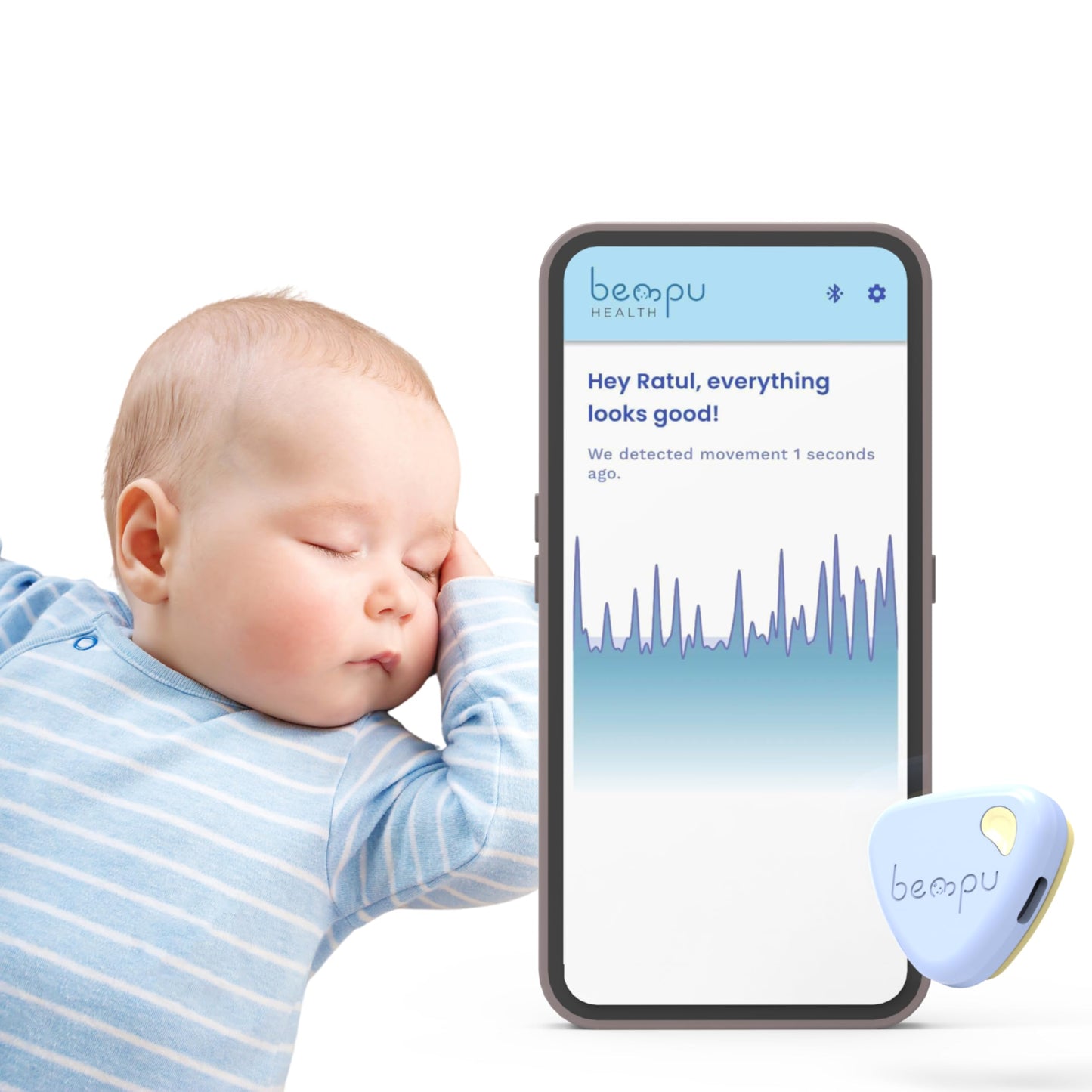 Bellybutton Smart Breathing Baby Monitor for Safer Sleep with Gentle Vibration, App Notifications, Easy to Clip, Portable, Medical-Grade Materials & Non-Bulky Design