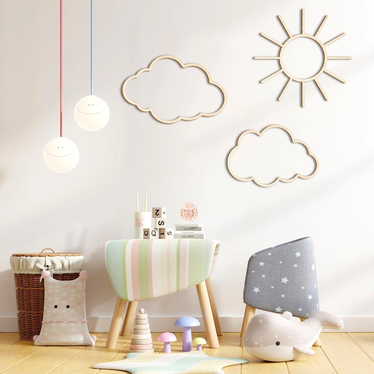 Kathfly4 Pieces Boho Nursery Cloud Star Wall Decor Wooden Babyroom Moon Rattan Wall Decor Wooden Rainbow for Children Baby Kids Boys Girls Bedroom Nursery Pendant(Cloud Moon Star)