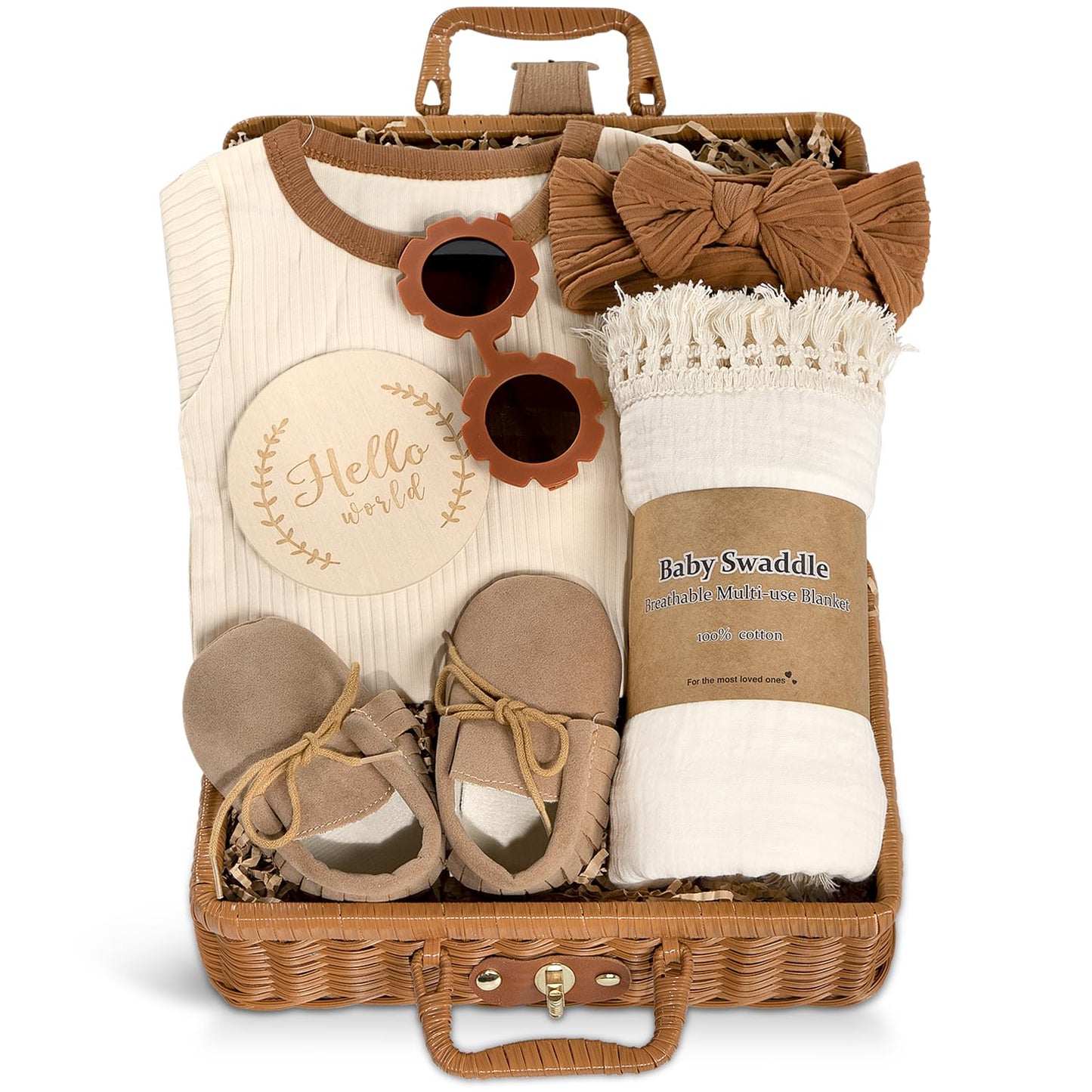 Baby Girl Gifts, Baby Shower Gifts for Girls, Unique Baby Gift Essential Stuff Newborn Swaddle Wrap Sunglasses Infant Bow Onesie Milestone Cards Tassel Shoes, New Born Baby Girl Gift Basket