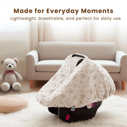 Konssy Car Seat Cover for Baby, Muslin Cotton Button Open Stroller Canopy for Babies Shower Gifts and Registry Search, Breathable Infant Sunshade Cover, Must Have for Unisex Boys and Girls, Fog Green