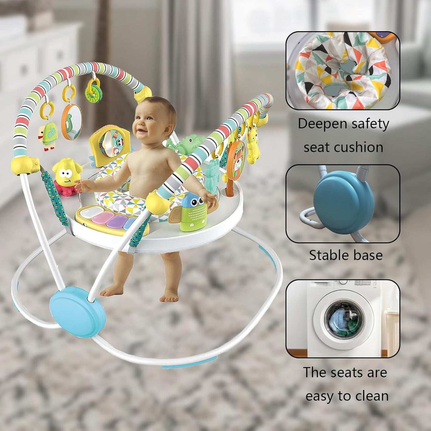 CAM2 Baby Bouncer Baby Jumpers Infant Activity Center with Music Lights Sounds, 360° Rotating Seat,Surrounded by 12 Different Types of Toys,Activity Center for 4 Month+,White
