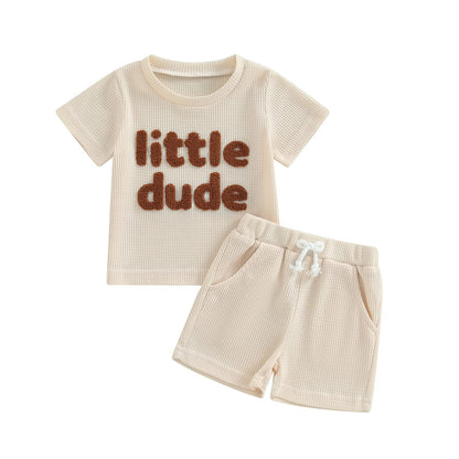 Kupretty Toddler Baby Boy Summer Clothes Embroiderey Waffle Knit Short Sleeve T-Shirt Tees + Casual Shorts Cute Clothing Set