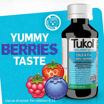 TUKOL Children's Cold & Flu Kids Cold and Flu Medicine, Children's Cough and Cold Medicine, Multi-Symptom Relief for Fever, Aches, Nasal Congestion, Berry-Flavored, 4 fl oz