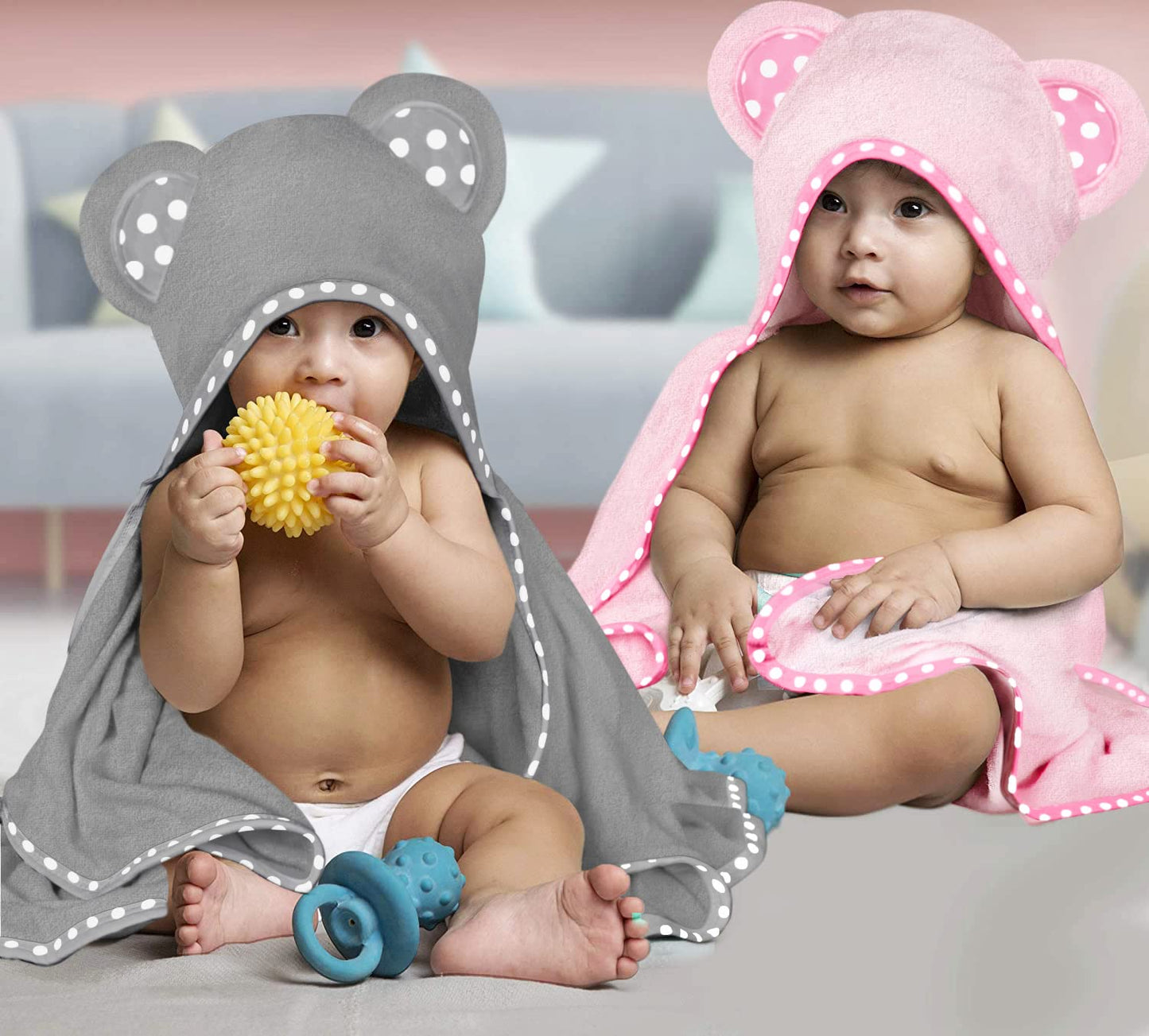 Set of 2 Hooded Baby Towels – White and Grey – Luxurious, Large and Super Absorbent – 30 x 30 Inch – Soft and Suitable for Infants, Toddlers and Kids – 400 GSM