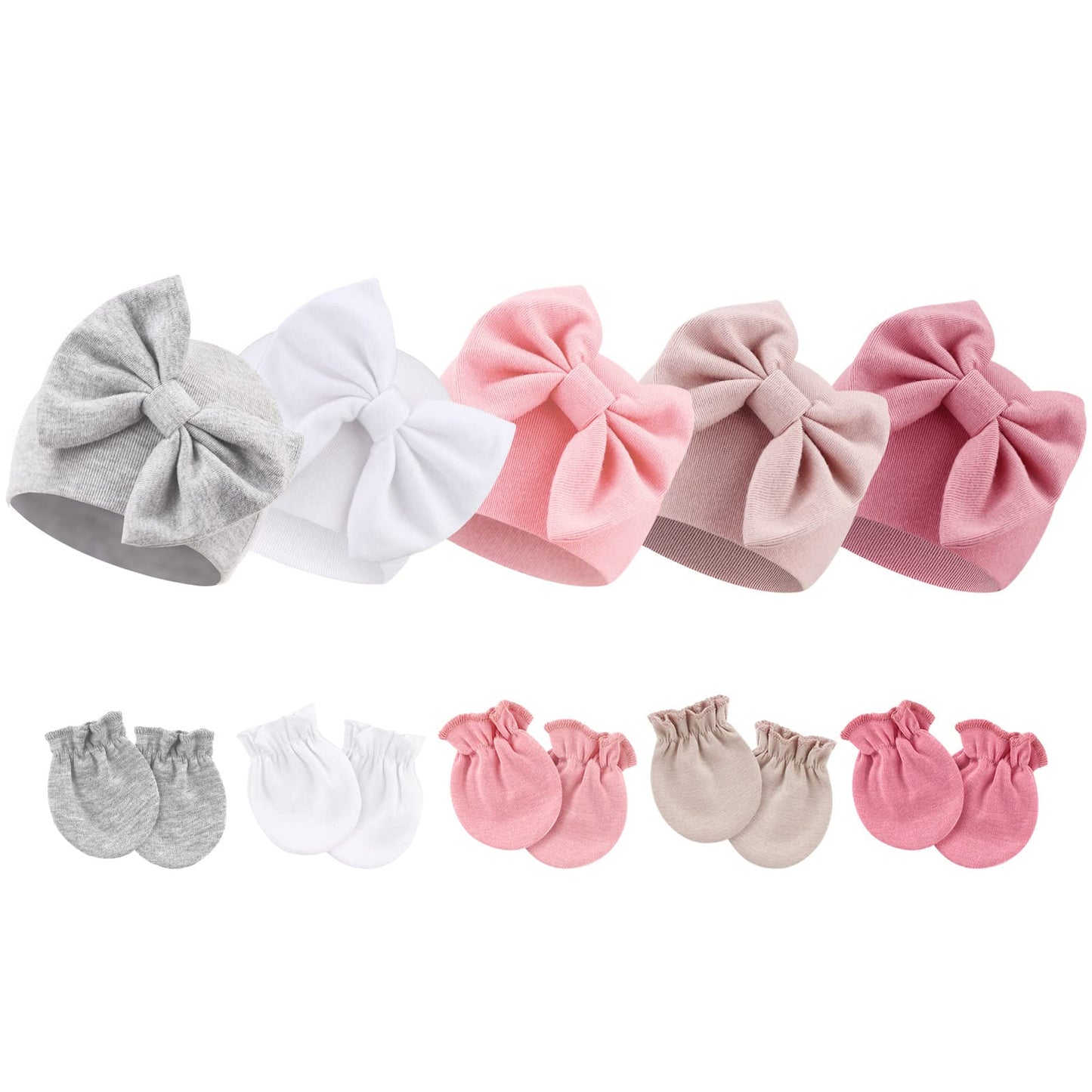 BQUBO Newborn Baby Girls Hats Mittens Set Hospital Hat Beanie Infant Bow Hats Baby Cotton Gloves for 0-6 Months