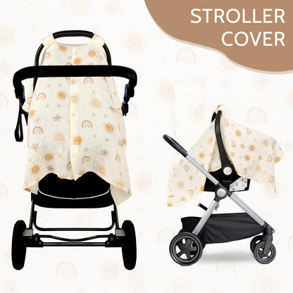 Muslin Car Seat Cover Baby Girls Boys, Summer Cotton Baby Car Seat Cover for Carseat, Comfortable Nursing Cover, Soft Baby Blanket, Breathable Lightweight Infant Stroller Canopy, Rainbow