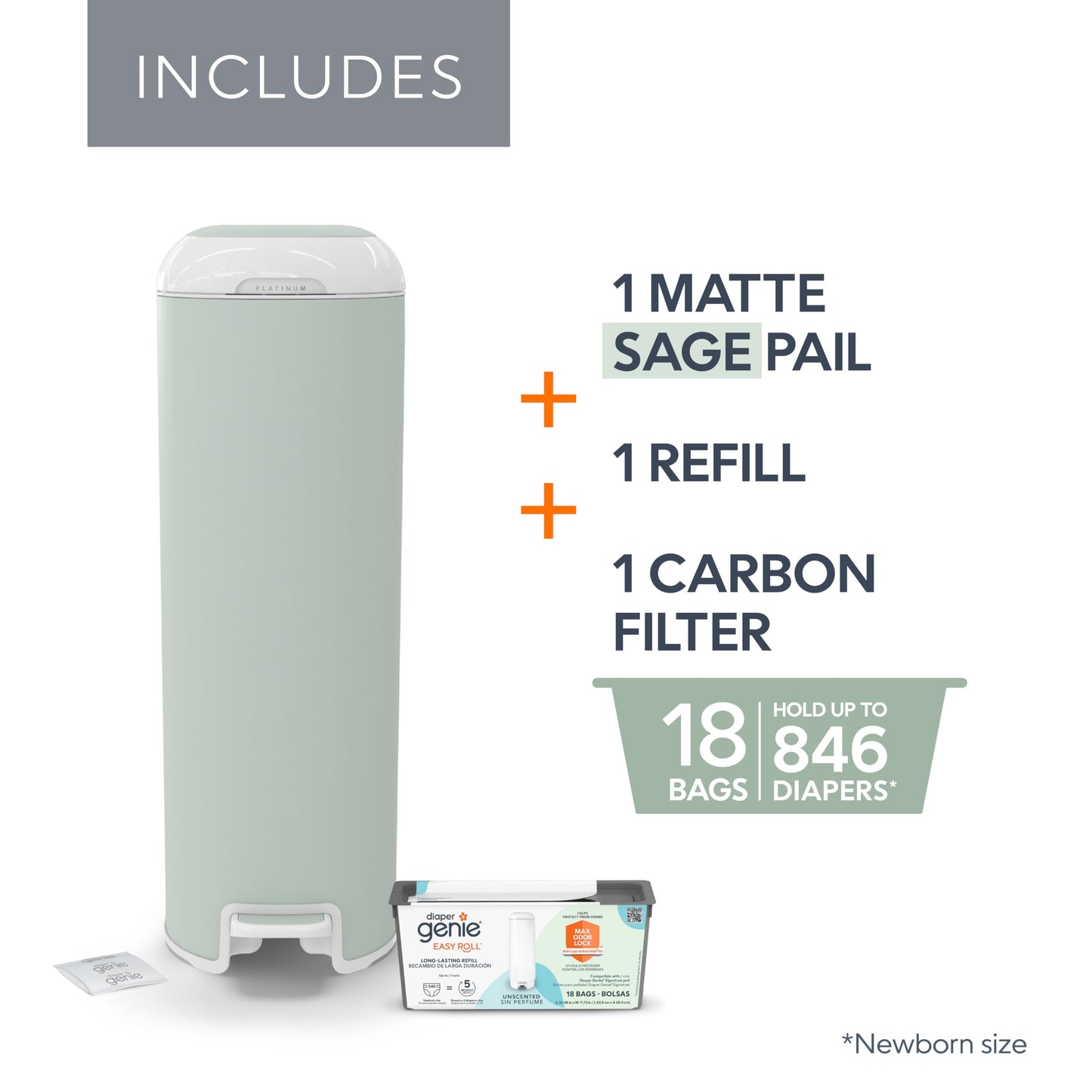 Diaper Genie Platinum Pail Gift Set, Lily White, Made of Durable Stainless Steel and Includes 2 Easy Roll Refills with 18 Bags and 30 Bags