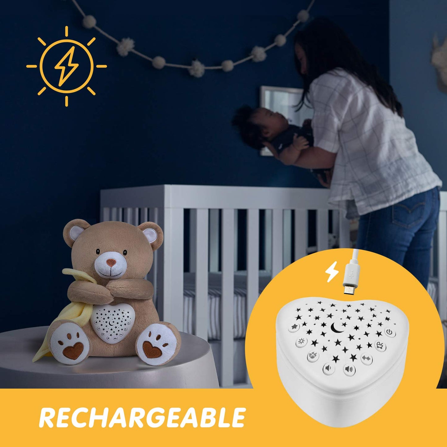 BEREST Baby Sleep Soother Bedtime Bunny with Starry Projector Night Light, Plush Stuffed Animal for Newborn Infants, Lullaby Music, White Noise, Mother's Heartbeat for Boys & Girls Shower Gifts