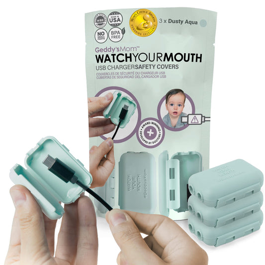 Geddy´s Mom Watch Your Mouth USB Charger Protector Award-Winning Baby Proof Cord Protector| BPA & Phthalate-Free Charger Protector | Electrical Safety Baby Products (3-Pack, White)
