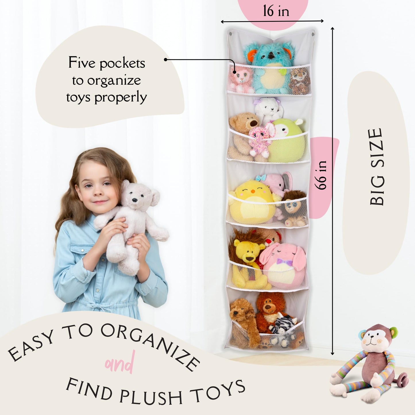 Lilly's Love Corner Stuffed Animal Toy Storage Hanging Organizer | 5 Expandable Mesh Net Pockets, Stores Loads of Plush Toys | Large Plushie Display for Boys, Girls | Pink