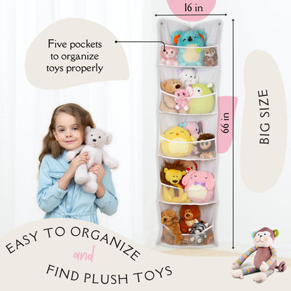 Lilly's Love Corner Stuffed Animal Toy Storage Hanging Organizer | 5 Expandable Mesh Net Pockets, Stores Loads of Plush Toys | Large Plushie Display for Boys, Girls | Pink