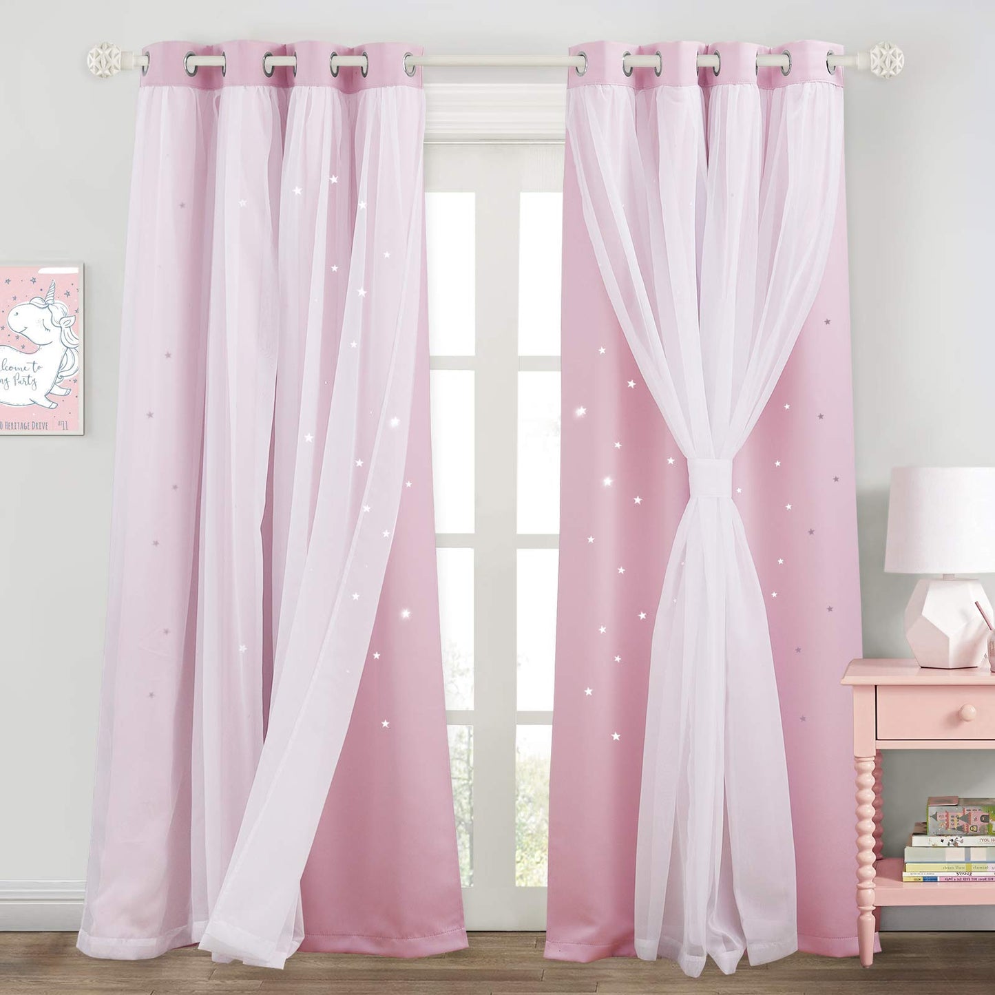 NICETOWN Nursery Curtains for Kids, Farmhouse Blackout Curtain Panels for Bedroom, Double Layer Star Hollow-Out Grommet Aesthetic Living Room Toddler Window Curtains, 2 Pcs, W52 x L84, Biscotti Beige