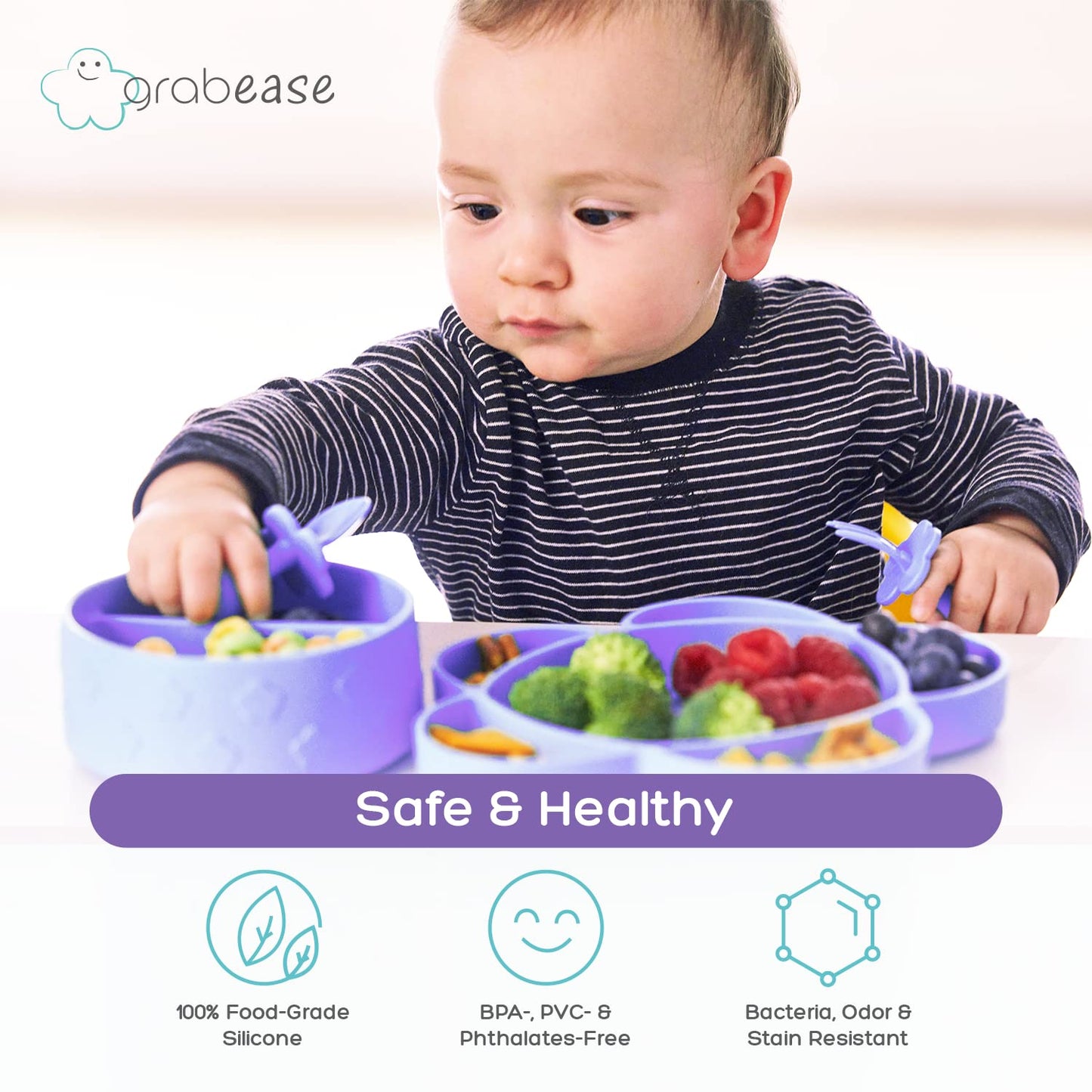 grabease Baby Essentials Must-Haves - Complete Feeding Set for Baby-Led Weaning and Portion Control - Suction Bottoms 4 Piece Set, BPA and Phthalates-Free, Blush