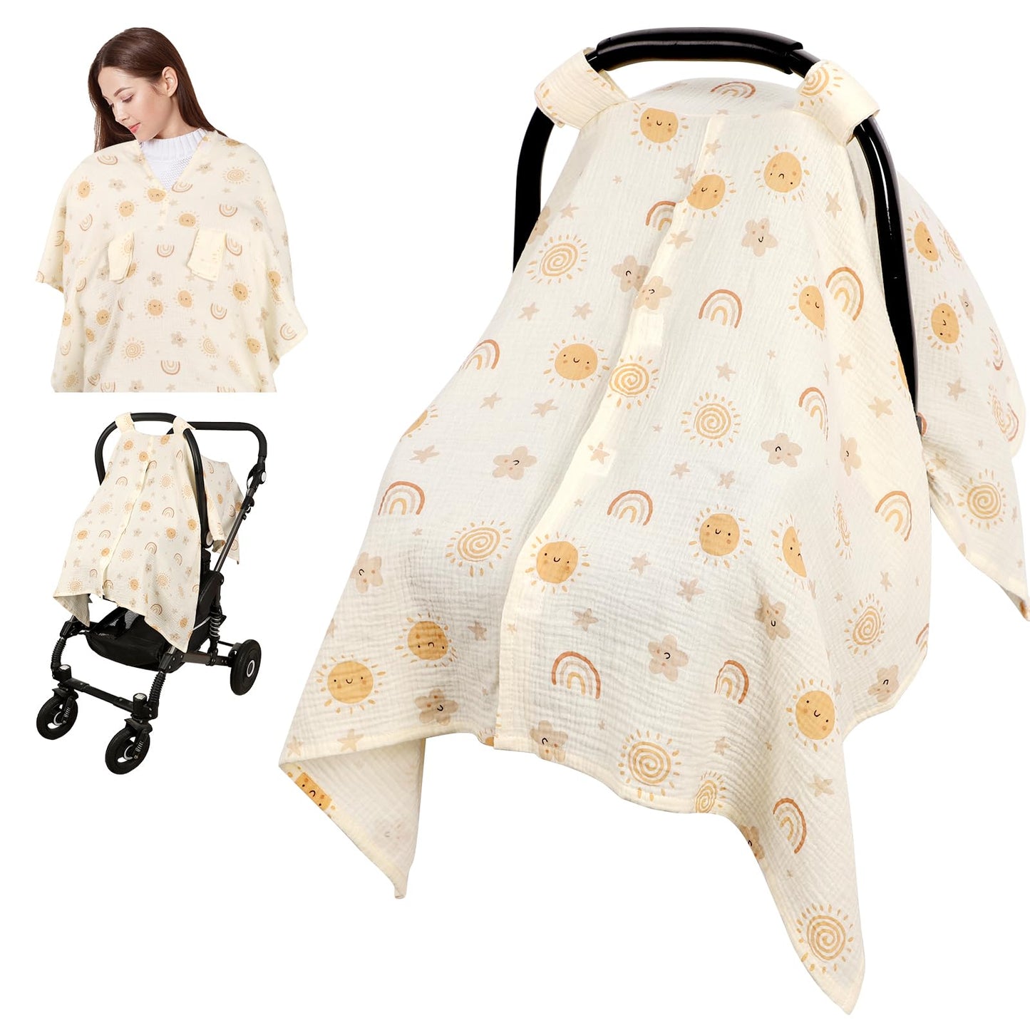 Muslin Car Seat Cover Baby Girls Boys, Summer Cotton Baby Car Seat Cover for Carseat, Comfortable Nursing Cover, Soft Baby Blanket, Breathable Lightweight Infant Stroller Canopy, Rainbow
