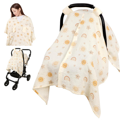 Muslin Car Seat Cover Baby Girls Boys, Summer Cotton Baby Car Seat Cover for Carseat, Comfortable Nursing Cover, Soft Baby Blanket, Breathable Lightweight Infant Stroller Canopy, Rainbow