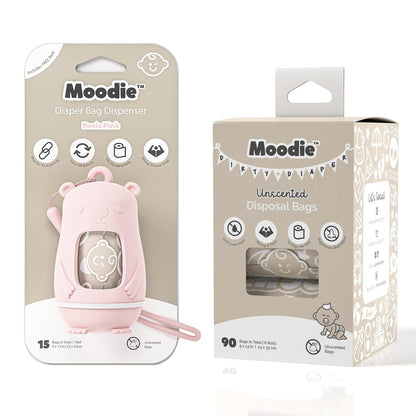 Moodie Teddy Bear Diaper Bag Dispenser w/Silicon Strap (ROSIE PINK) & 6 Refill Roll PACK (UNSCENTED - 105 Bags TOTAL) | Diaper Bag Essential Items