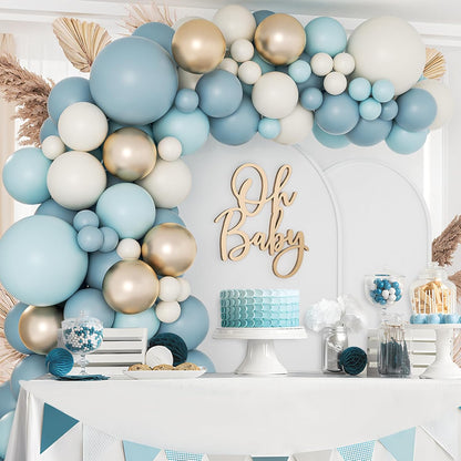 138Pcs Dusty Blue Balloons Arch Garland Kit, Dusty Baby Blue Sand White Metallic Gold Balloons for Bridal Shower Gender Reveal Birthday Baby Shower Decorations