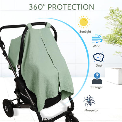 Muslin Car Seat Cover Baby Girls Boys, Summer Cotton Baby Car Seat Cover for Carseat, Comfortable Nursing Cover, Soft Baby Blanket, Breathable Lightweight Infant Stroller Canopy, Rainbow