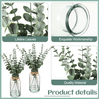 4 Pack Artificial Eucalyptus Stems in Glass Vase 15 Inch Fake Plants Eucalyptus Potted Fake Plant with Double-Sided Green Leaves for Desk,Farmhouse,Wedding,Home,Office Decor(Classical)