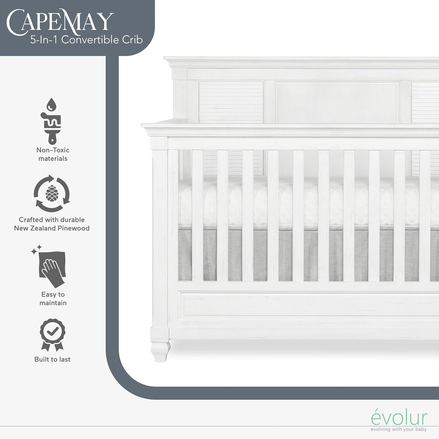 Evolur Signature Cape May 5 in 1 Full Panel Convertible Crib Updated 2022 Edition