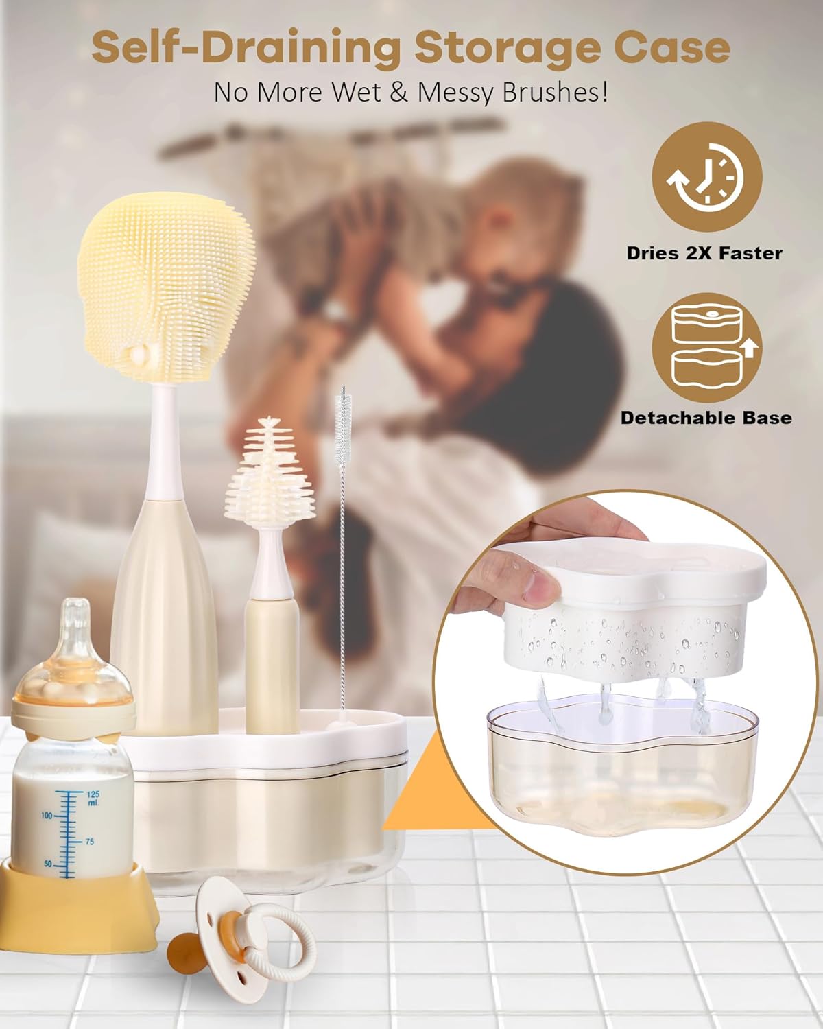 XANGNIER Baby Bottle Brush Kit with Press Foaming Dispenser & Drying Rack – Innovative Bottle Cleaner Set for Baby Bottles, Nipples, Breast Pumps, Straws & Baby Accessories，Newborn Essentials