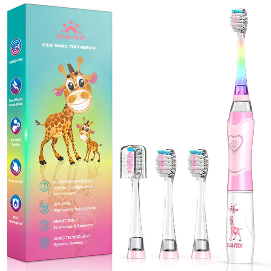 Kids Electric Toothbrush Toddler Toothbrush Age 2-4-8-12 Electric Toothbrush Kids with Timer Rainbow LED Light Up Vibrating Toothbrush Battery Operated Childrens Sonic Tooth Brush (Pink Unicorn)
