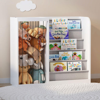 White Kids Bookshelf Wood Toy Storage Organizer Cabinet Children Bookcase Toddler Baby Sling Book Rack 3 Cube Bins Fabric Drawers for Playroom Bedroom Nursery School