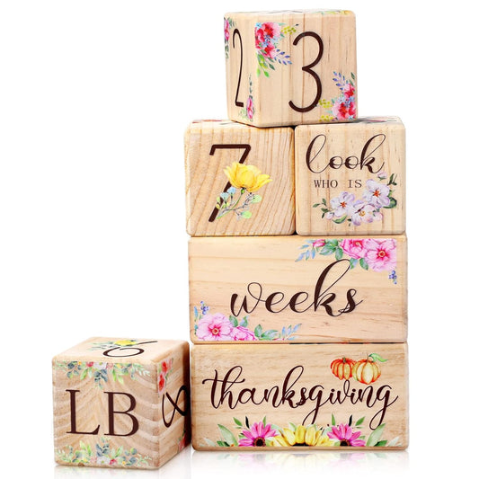 Sintuff 6 Pcs Baby Monthly Milestone Blocks Set Flower Natural Wooden Newborn Age Blocks with Week Month Year Grade Day Baby Age Photo Props for Girls Boys Shower Birthday Gift Decor