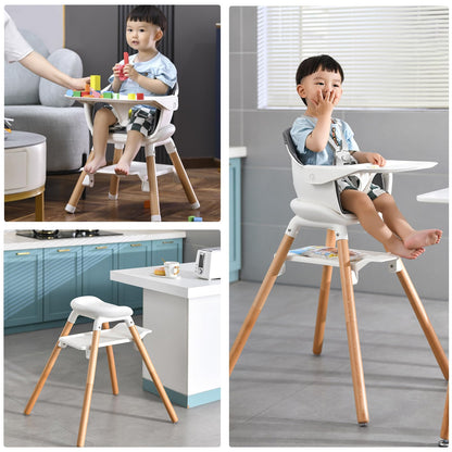 Baby High Chair, 6 in 1 Wooden Convertible High Chairs for Babies and Toddlers, Booster Seat with Double Tray & Reversible Footrest, 5-Point Harness Infants Feeding Seat, Black