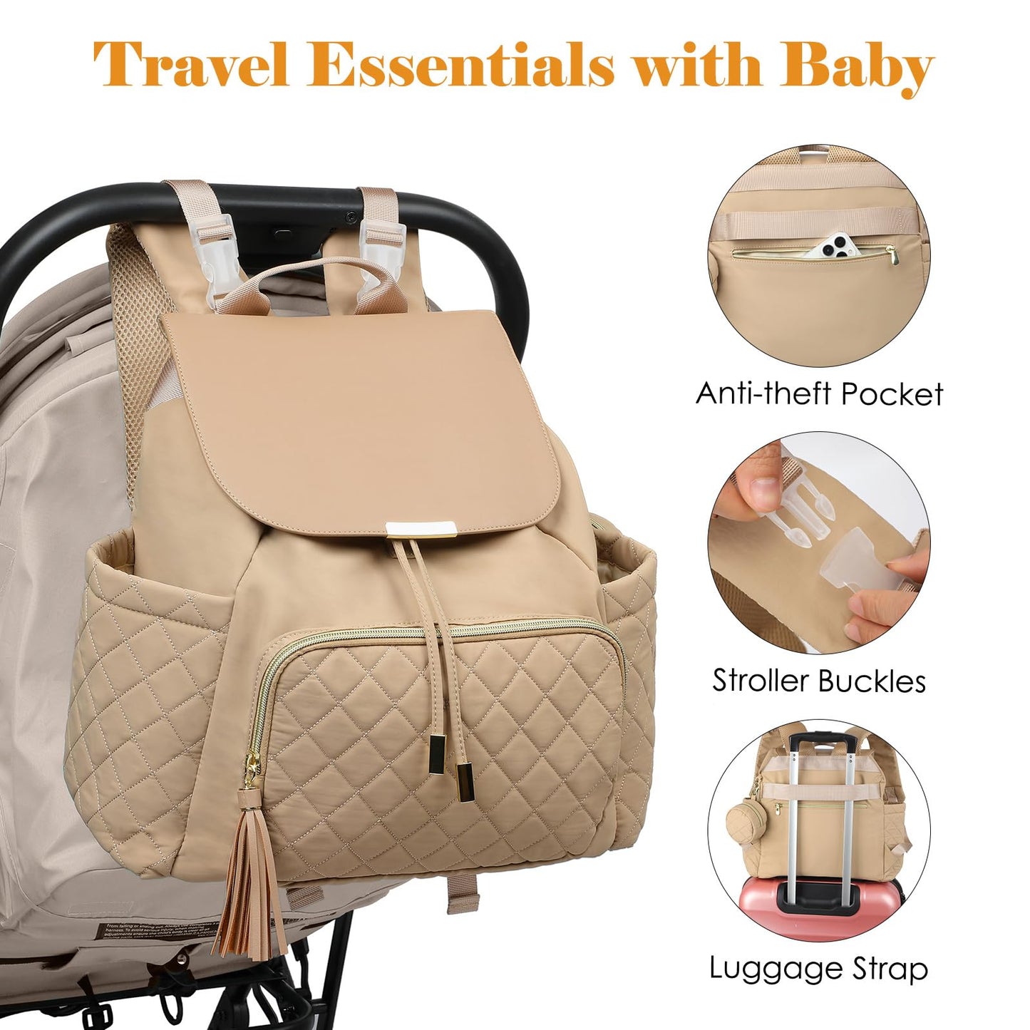 CASIRENA Diaper Bag Backpack, Small Baby Diaper Bag, Stylish Water-Resistant Diaper Backpack for Mom, Cute Travel Baby Bag for Girl Boy with Changing Pad,Stroller Buckles,Insulated Pockets (Khaki)