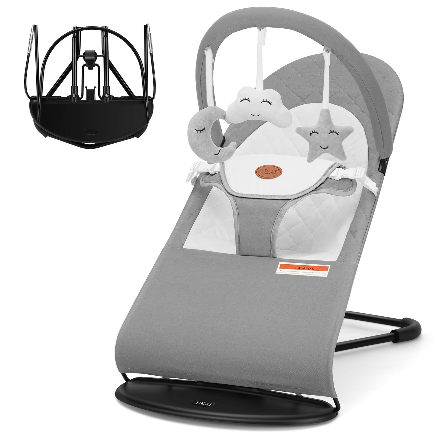 HKAI Baby Bouncer, Portable Baby Bouncer Seat for Babies 0-18 Months, 100% Cotton Fabrics, 3 Modes of use with Rocker and Stationary Options, Infant Rocker Chair with Hanging Toys-Organic Oat