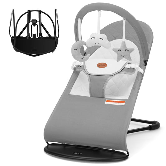 HKAI Baby Bouncer, Portable Baby Bouncer Seat for Babies 0-18 Months, 100% Cotton Fabrics, 3 Modes of use with Rocker and Stationary Options, Infant Rocker Chair with Hanging Toys-Organic Oat
