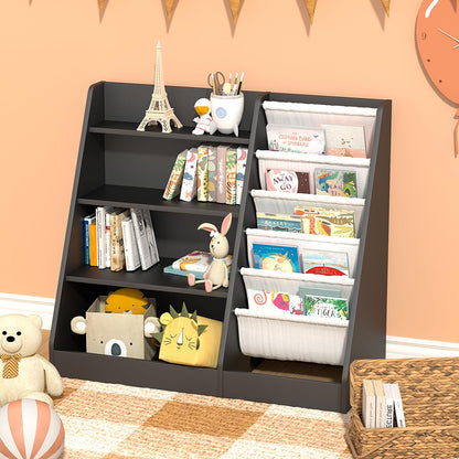 White Kids Bookshelf Wood Toy Storage Organizer Cabinet Children Bookcase Toddler Baby Sling Book Rack 3 Cube Bins Fabric Drawers for Playroom Bedroom Nursery School