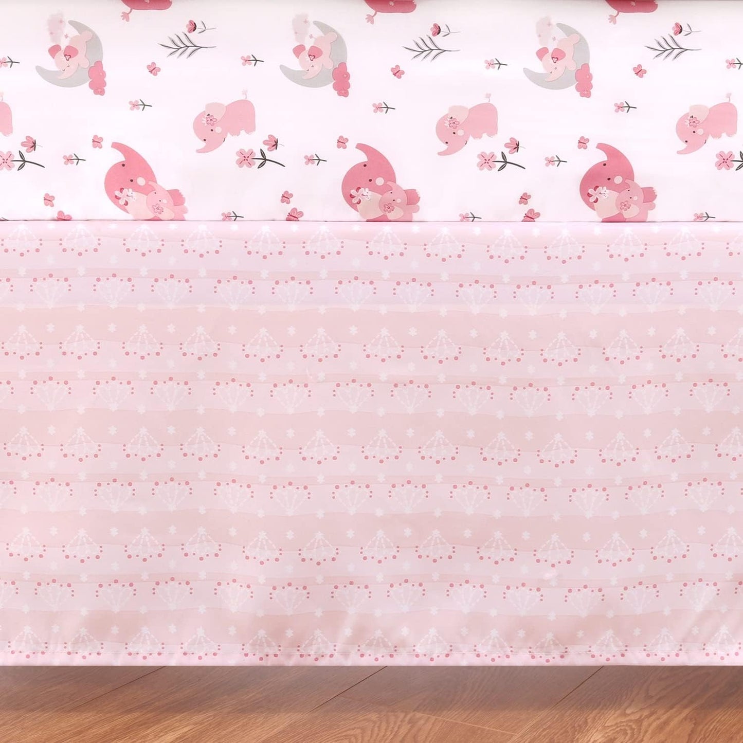 The Peanutshell 3 Piece Baby Crib Bedding Set for Girls - Newborn, Infant & Toddler Nursery Bed Set Decor with Fitted Crib Sheet, Dust Ruffle Comforter - Pink Elephant